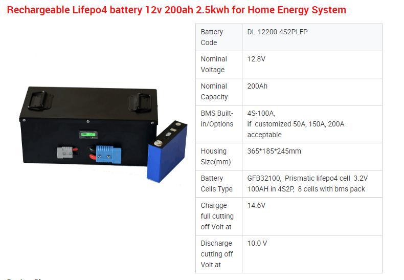 LiFePO4 Battery 12V 200ah for Tourist Car with BMS 100ah