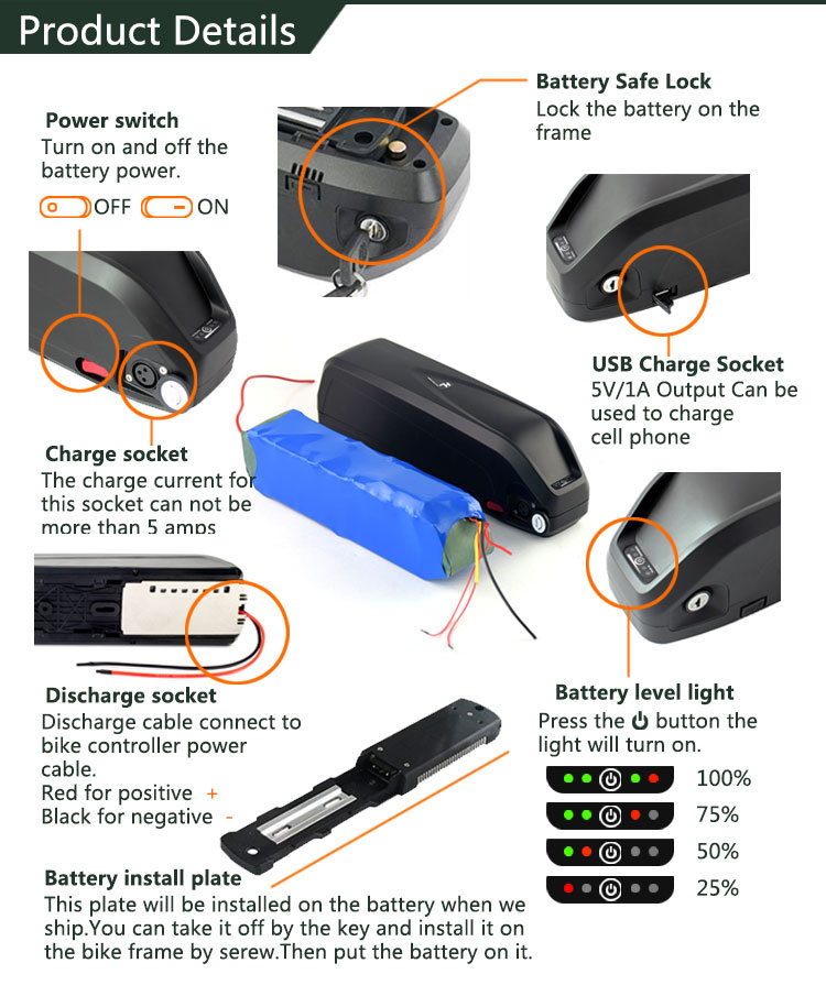 1000W 48V Ebike Battery Hailong 48V 17.5ah electric Bike Battery with Charger, USB Port, BMS