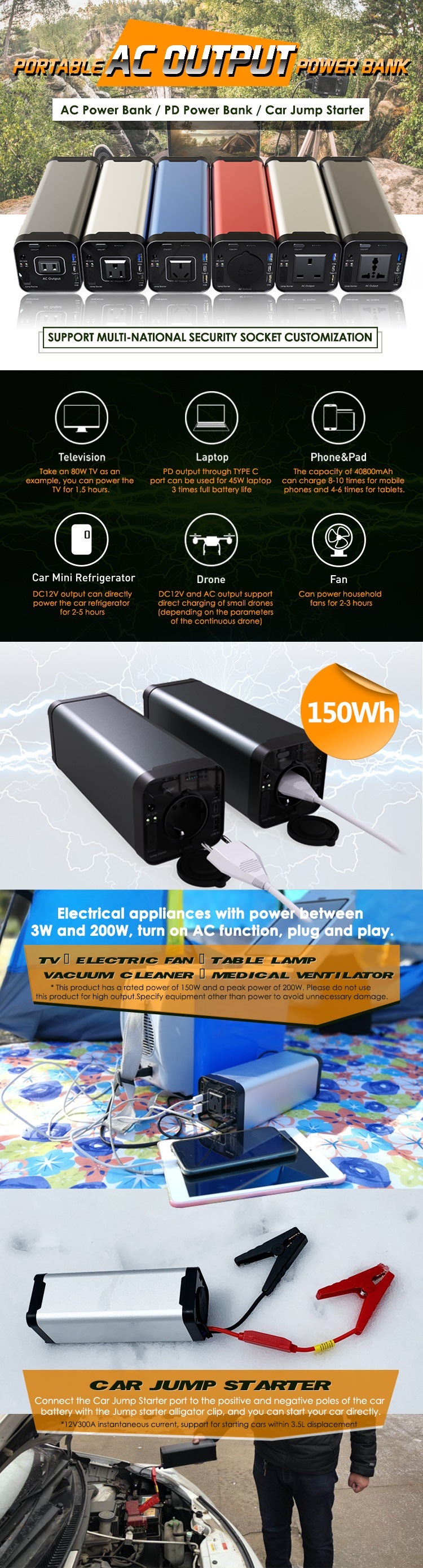 Portable 150W Power Banks 12V 40000mAh with Pd Function for Document Fingerprint Scanner