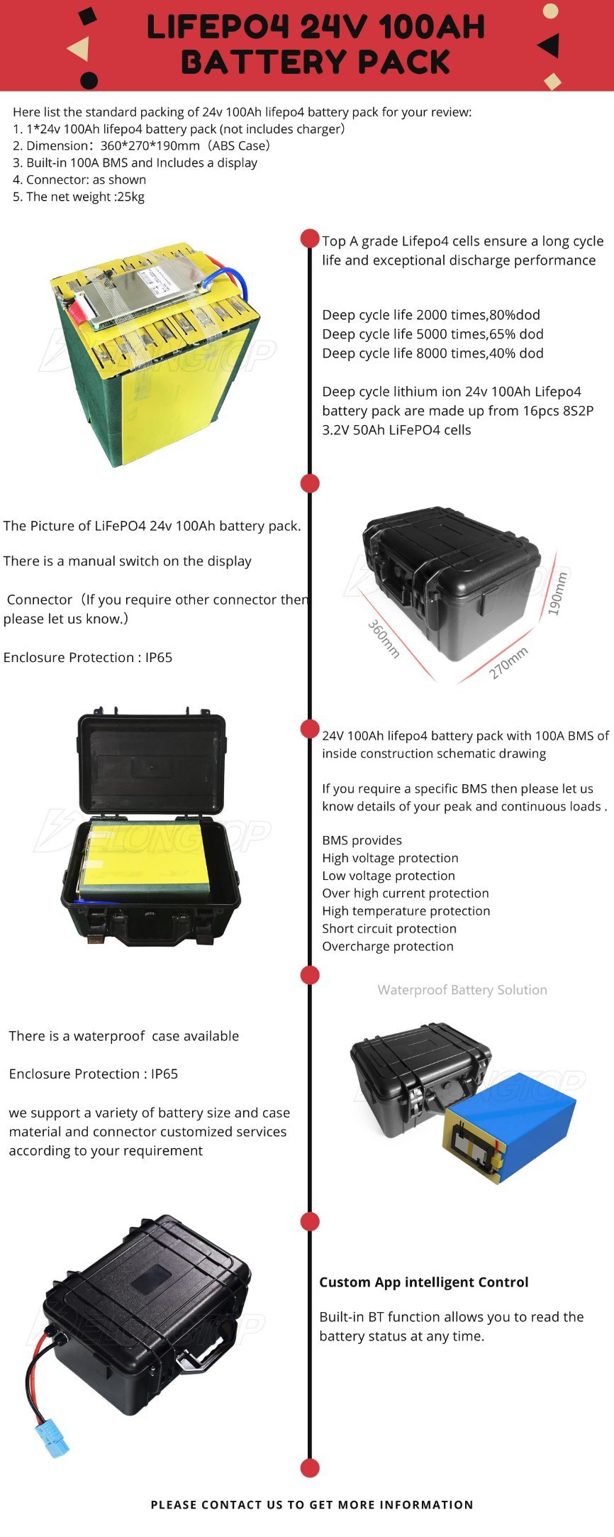 Waterproof Deep Cycle Solar Battery 24V 100ah 24V 100ah LiFePO4 Lithium Battery