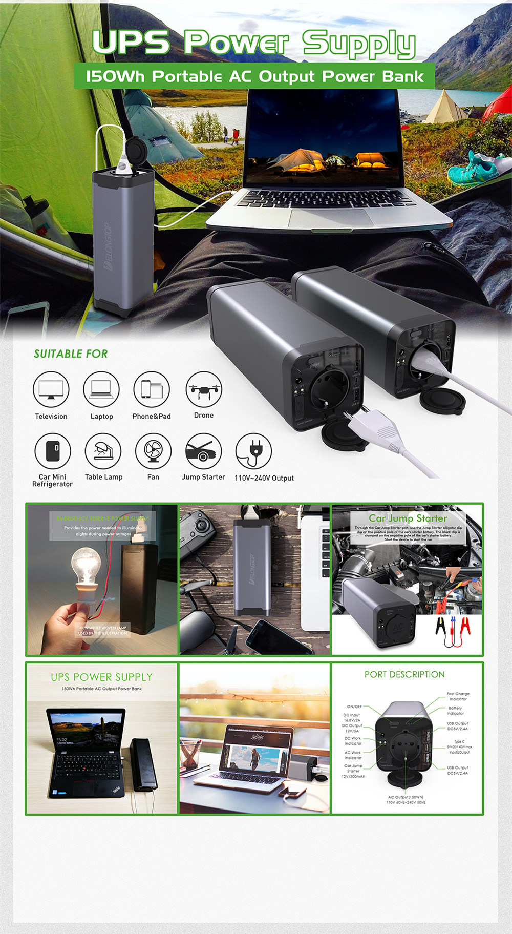 Portable Output 40000mAh 150wh AC 100V -240V Pd Power Bank Supply Laptop