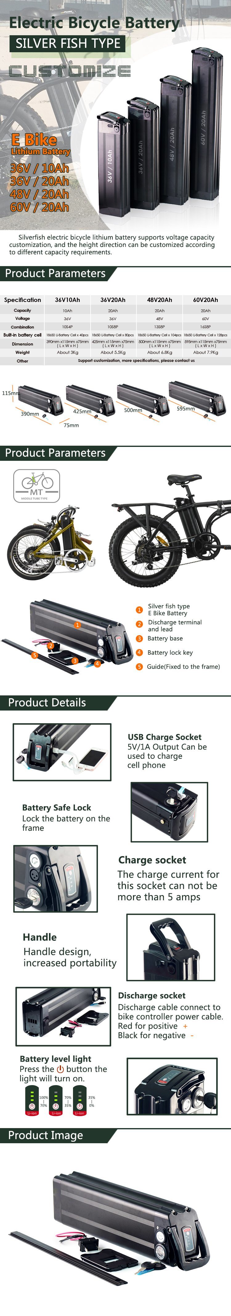 Silverfish Type 48V 20ah Bike Battery with Lithium Ion 18650 Battery for E Bike