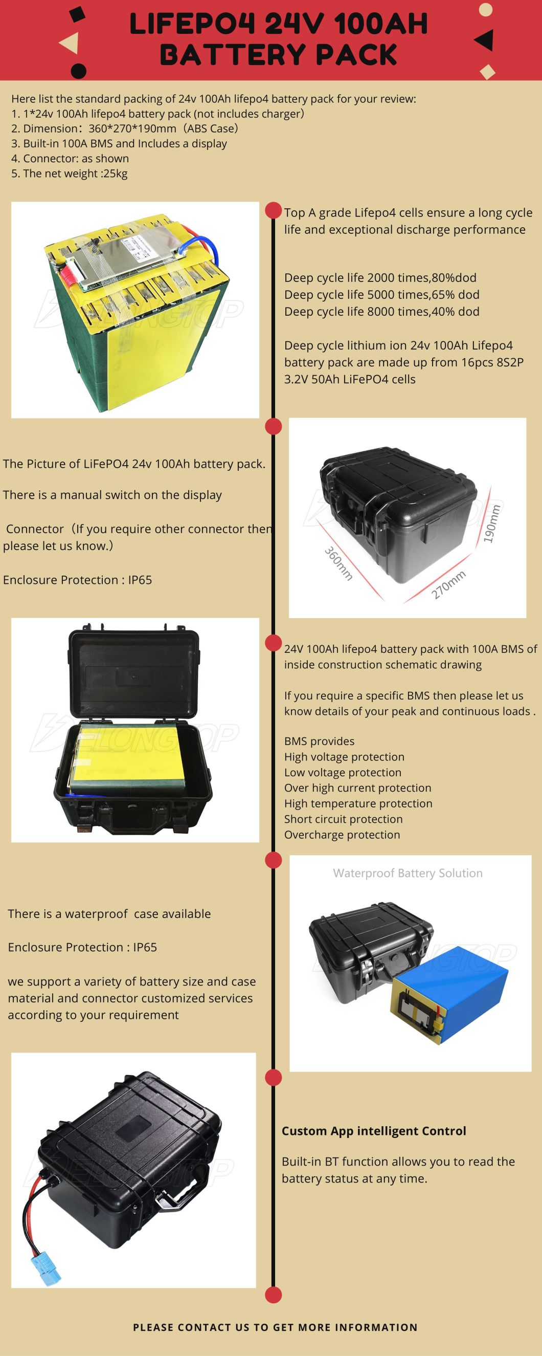 Rechargeable Lithium Battery 24V 100ah Deep Cycle LiFePO4 Battery