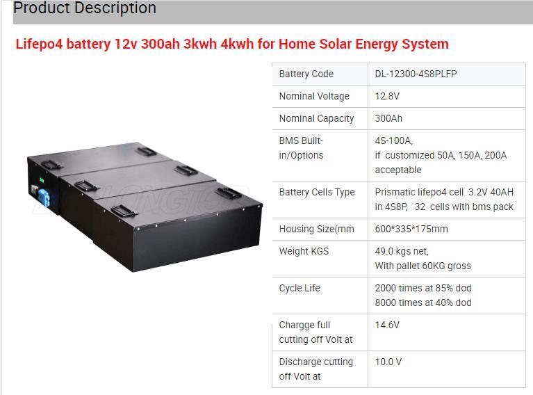 Lithium Ion Battery LFP 12V 300ah for Electric Car Conversion Kit