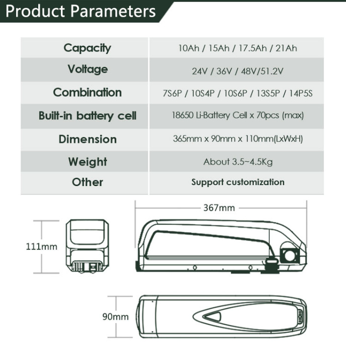 Electric Bicycle Kit 48V 17.5ah Down Tube Type Bicycle Lithium Battery