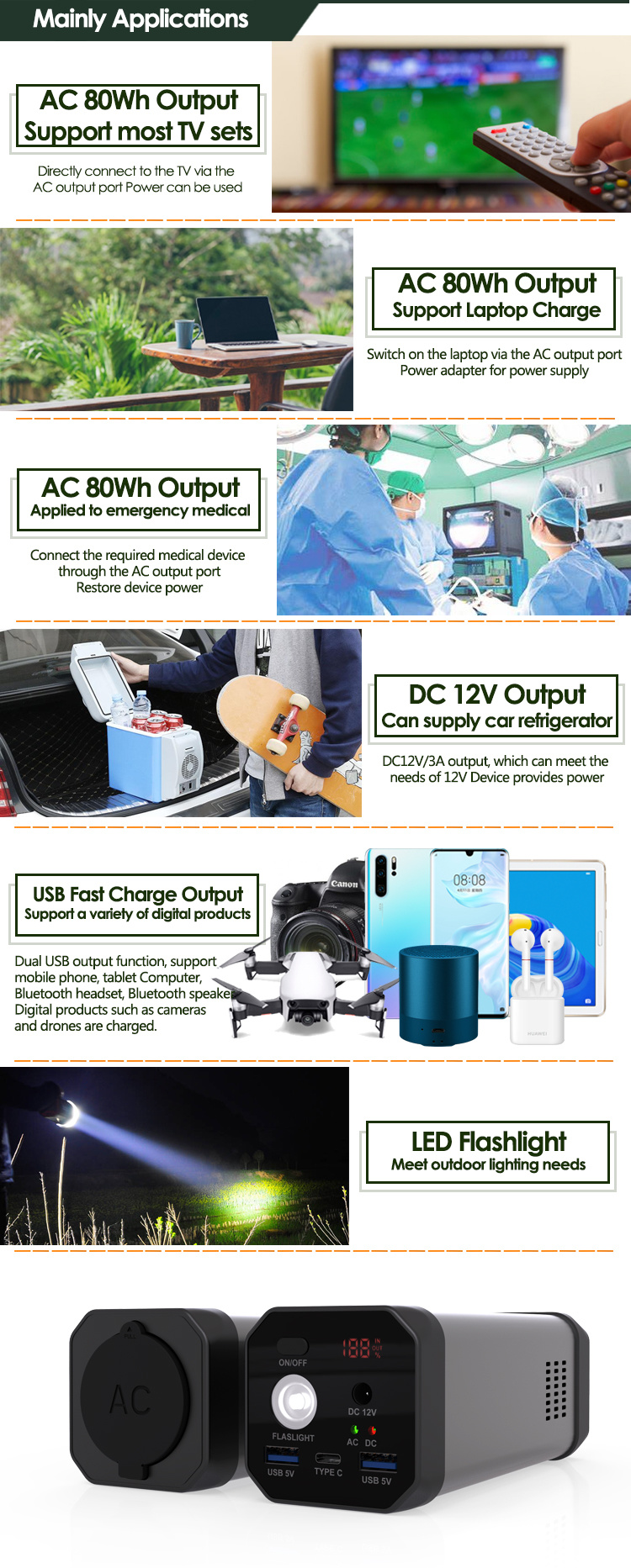 Passed Ce Kc PSE Certificated 80W DC/USB Laptop AC Solar Power Bank 20000mAh